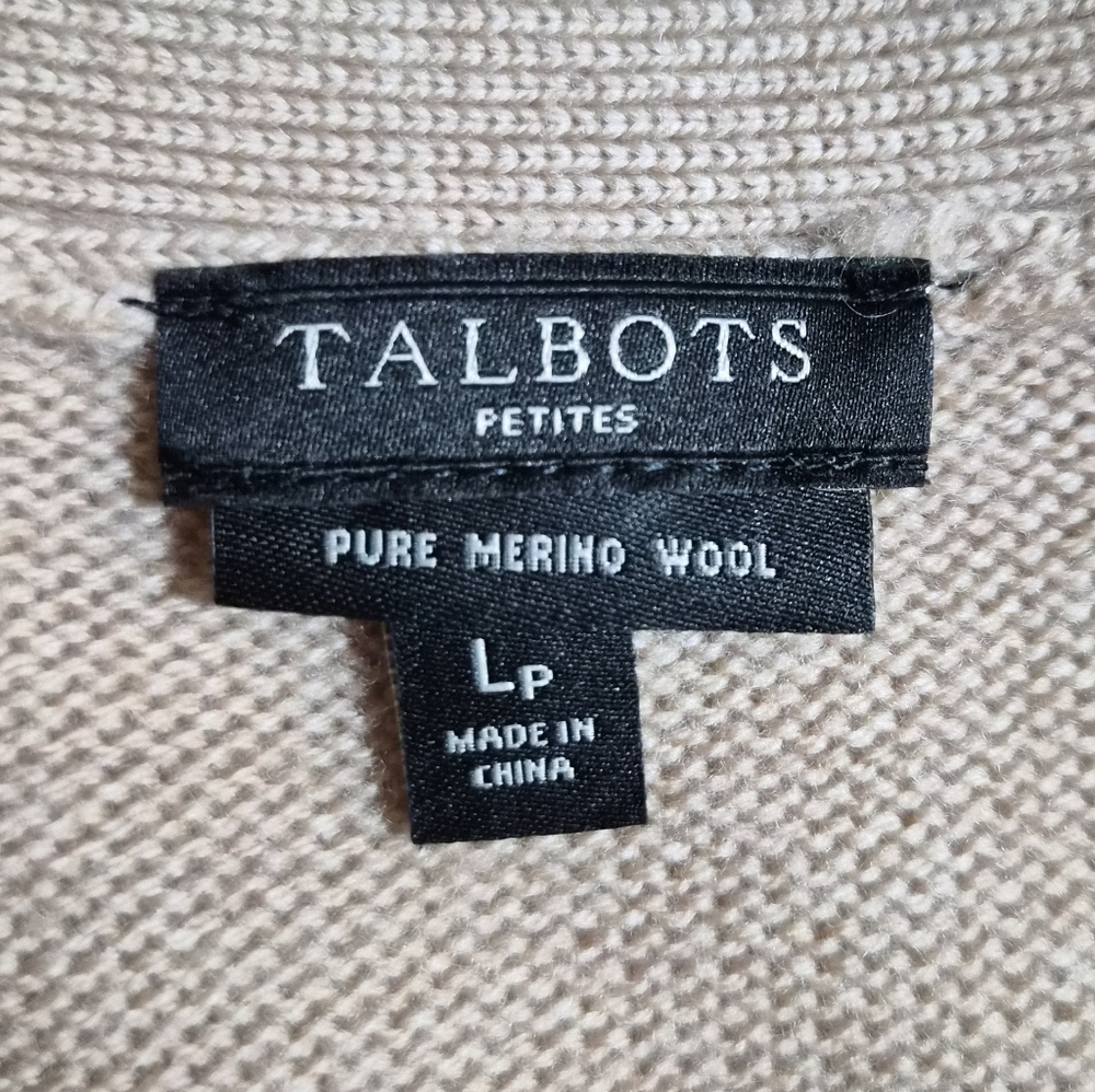 ​Talbots Petites 100% Merino Wool Cardigan with Faux Fur Collar LP Tan Belted - Picture 3 of 11
